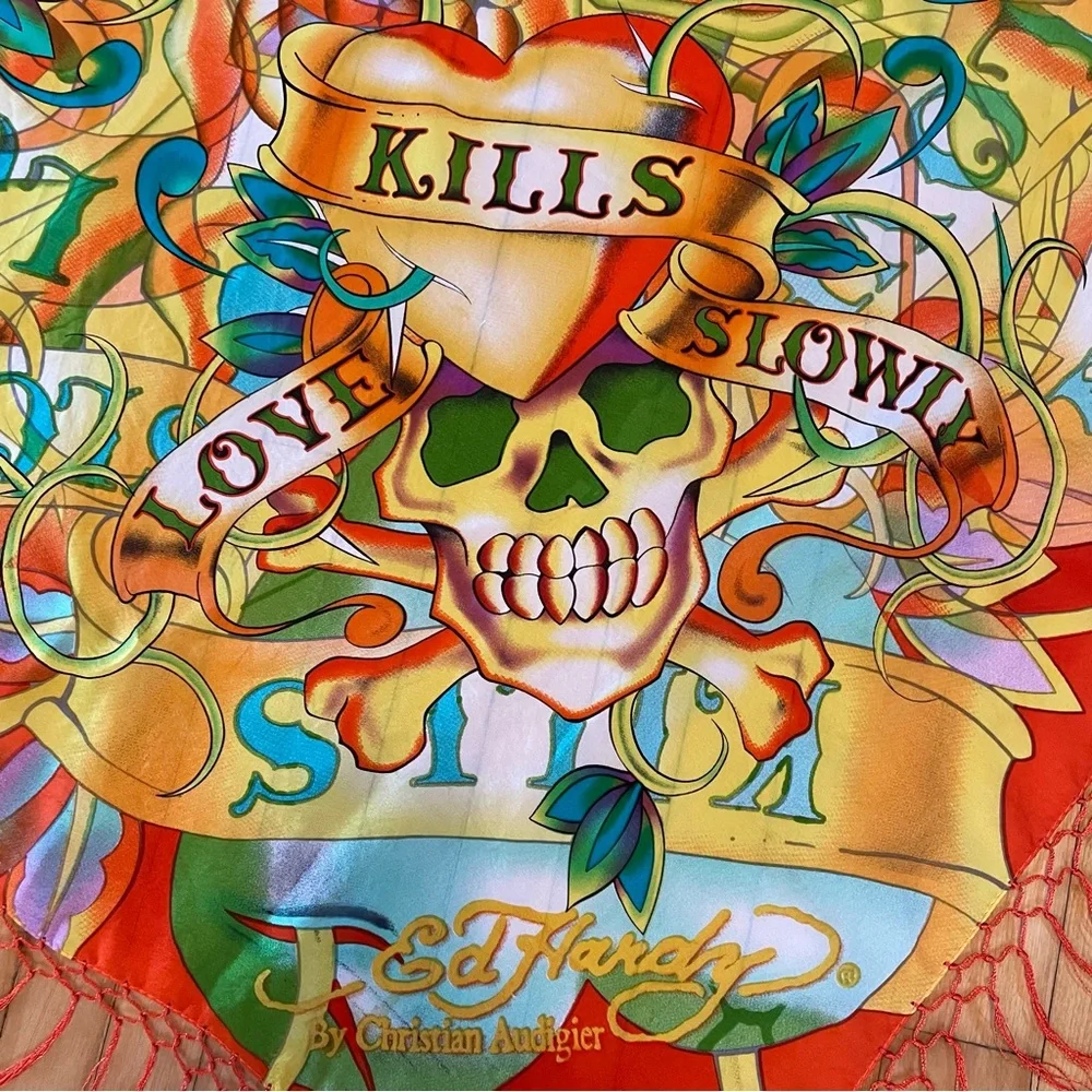 ED HARDY Vintage Y2K Graffiti Silk Scarf Large Square Fringe Love Kills Slowly